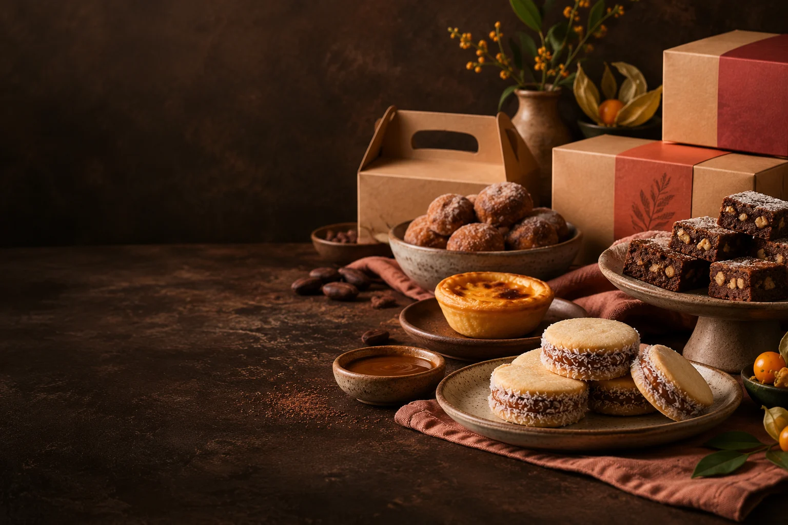 Composición editorial de postres y empaques artesanales en tonos cacao y coral